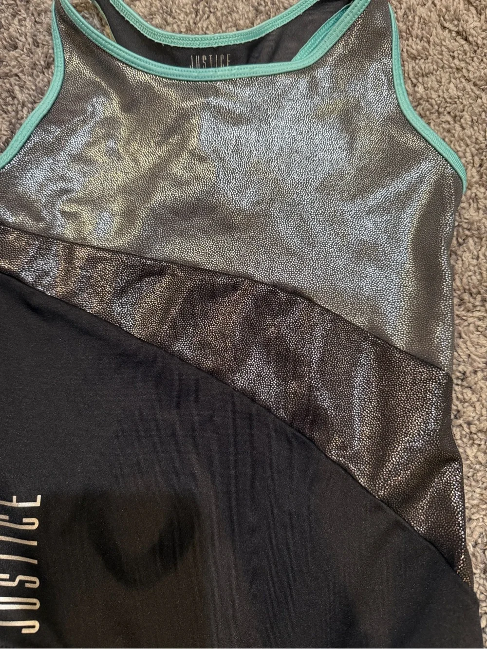 Justice Black One-Piece Gymnastics Leotard with Silver Shimmer and Teal Trim